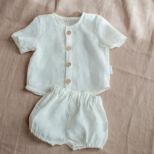 Tenue de baptême en lin pour bébé garçon, ensemble de baptême pour garçon, chemise d'été en lin blanc pour tout-petit et short, vêtement pour premier anniversaire de bébé, ensemble de lin pour garçons