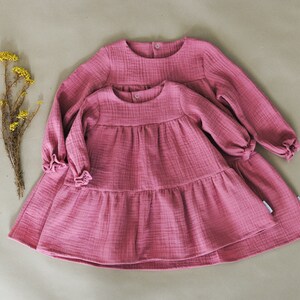 Girls Simple Boho Cotton Autumn Dress, Baby Burnt Orange Muslin Fall Dress, Smocked Baby Long Sleeved Winter Dress Mauve