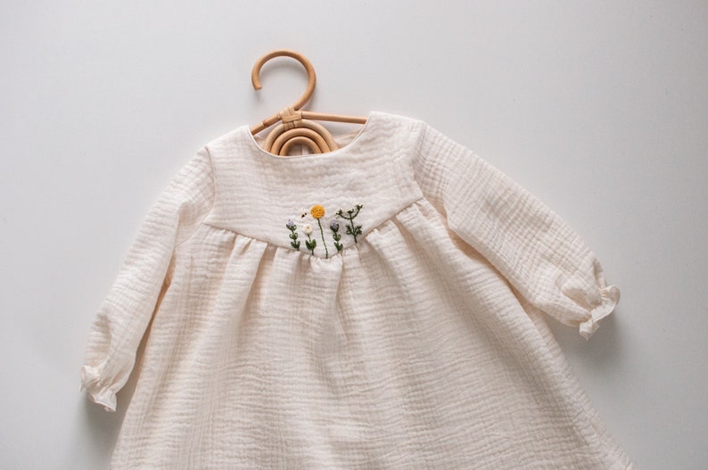 Natürliches Musselin Kleid Für Kleine Mädchen, Blumenmädchen Musselin Sommer Kleid, Weißes Baby Mädchen Taufe Kleid Ecru