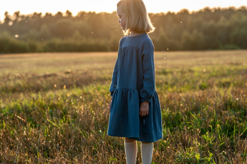 Girls Simple Boho Cotton Autumn Dress, Baby Burnt Orange Muslin Fall Dress, Smocked Baby Long Sleeved Winter Dress Indigo