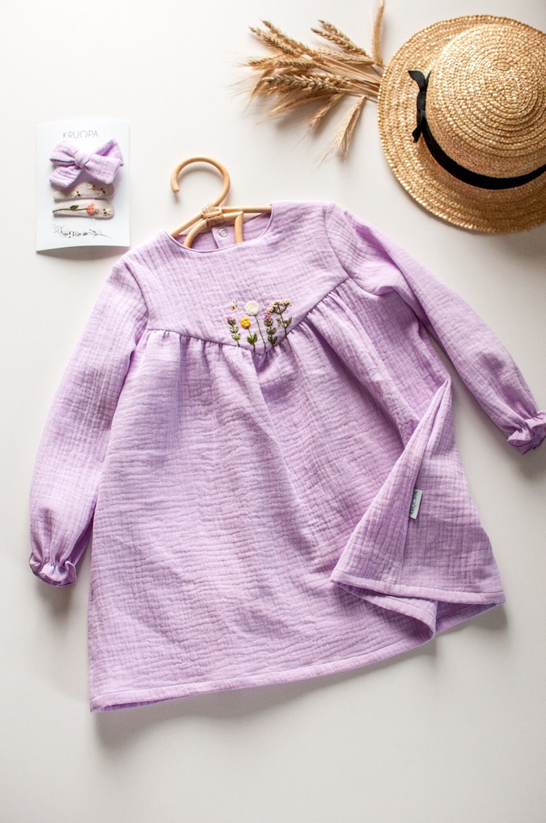 Natürliches Musselin Kleid Für Kleine Mädchen, Blumenmädchen Musselin Sommer Kleid, Weißes Baby Mädchen Taufe Kleid Lilac