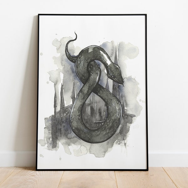 Slytherin House Watercolor Print, Hogwarts Painting, Snake Artwork, Fan Art, Dark Fantasy Prints