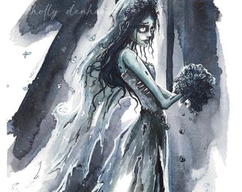 May include: A watercolor illustration of a pale, skeletal figure in a tattered, flowing wedding gown and veil, holding a dark bouquet of roses. The artwork features a moody, monochromatic blue and grey color palette with the text holly denham.