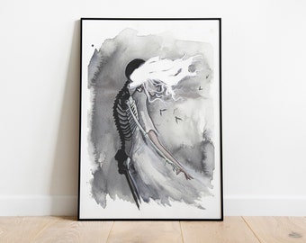 Blown Away Expressive Print, Dark Art, Expressive Artwork, Skeleton Drawing, Spooky Aesthetic, Surrealism