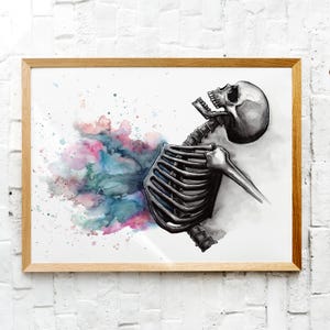Life From Death Print, Expressive Drawing, Skeleton Decor, Dark Artwork, Watercolor Painting