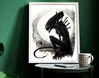 Xenomorph Art Print, Alien Drawing, Science Fiction, Dark Artwork, Watercolor Painting, Horror Collectible