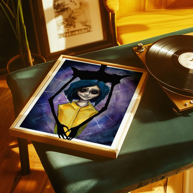Coraline watercolor painting in purple, blue and yellow with the Other Mother holding Coraline from behind art print in an angled frame laying flat