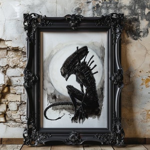 Xenomorph Art Print, buitenaardse tekening, sciencefiction, donkere kunstwerken, aquarel, horror collectible