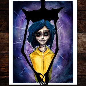 Coraline watercolor painting in purple, blue and yellow with the Other Mother holding Coraline from behind art print laying flat on wood planks