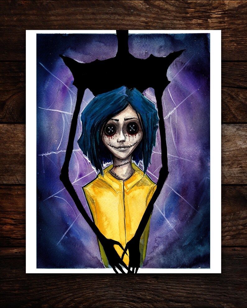 Coraline watercolor painting in purple, blue and yellow with the Other Mother holding Coraline from behind art print laying flat on wood planks