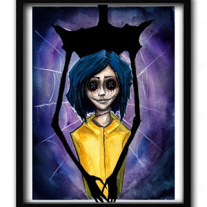 Coraline watercolor painting in purple, blue and yellow with the Other Mother holding Coraline from behind art print in a black frame