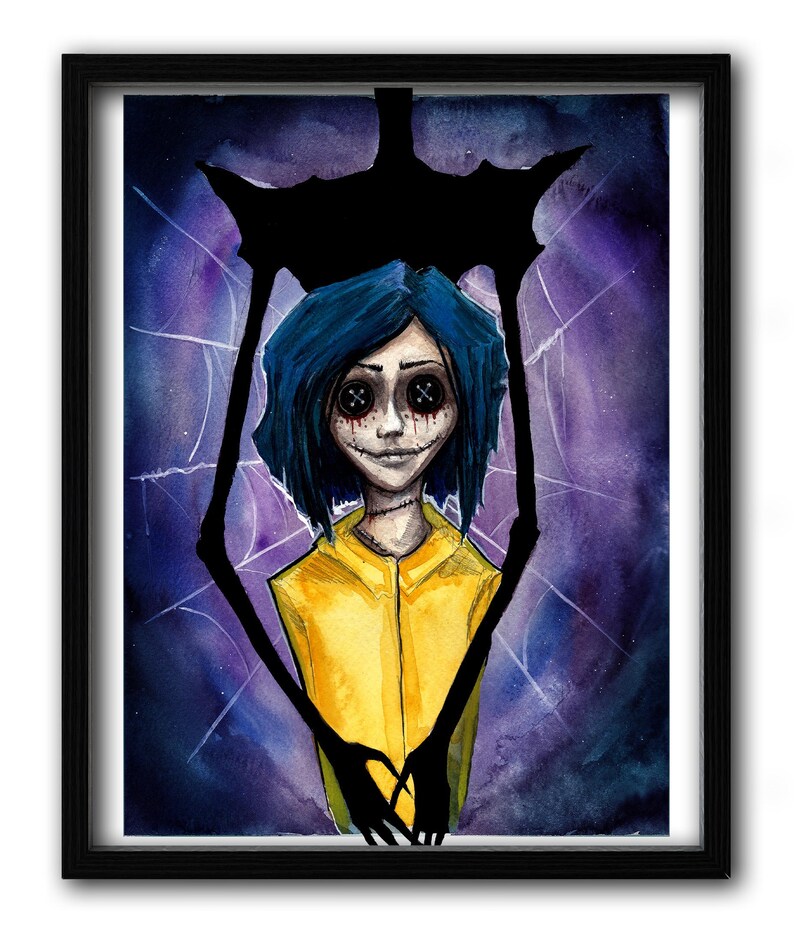 Coraline watercolor painting in purple, blue and yellow with the Other Mother holding Coraline from behind art print in a black frame