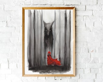 Red Riding Hood Print, Fairy Tale Artwork, Dark Stories, Watercolor Painting, Dark Art Prints, Big Bad Wolf