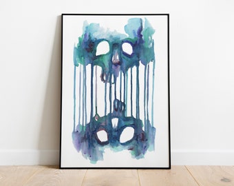 Double Skull Art Print, Dark Artwork, Colorful Painting, Drip Decor, Gothic Aesthetic, Skeleton Prints