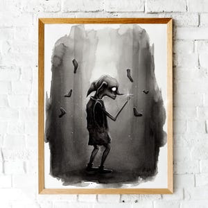 Lámina de Dobby el Elfo Doméstico, Láminas de Harry Potter, Ilustración en acuarela, Pintura mágica, Arte fantástico, Decoración de Hogwarts