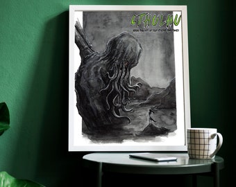 Cthulhu Art Print, Ink and Watercolor, Dark Fantasy Artwork, Steampunk Painting, Wall Prints, Home Decor