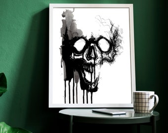 Black Ink Skull Print, Dark Aesthetic, Gothic Wall Art, Skeleton Artwork, Spooky Painting