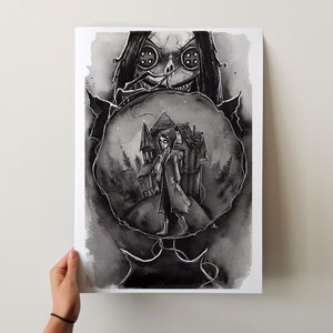 May include: Black and white illustration of a woman with large eyes and a stitched mouth holding a circular frame. Inside the frame, a girl in a long coat walks towards a house in a dark forest.