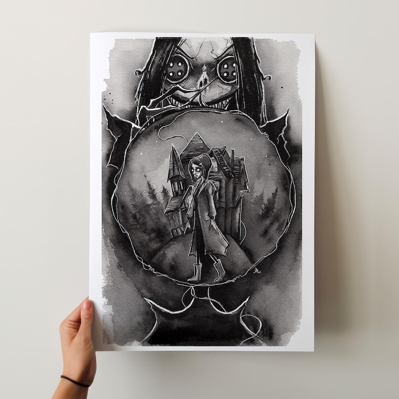 May include: Black and white illustration of a woman with large eyes and a stitched mouth holding a circular frame. Inside the frame, a girl in a long coat walks towards a house in a dark forest.