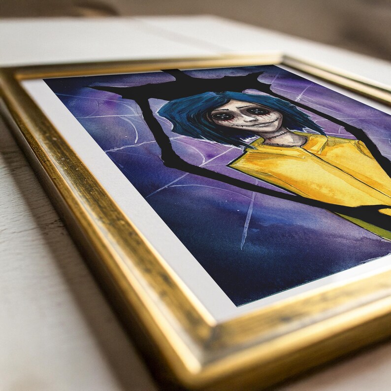Coraline watercolor painting in purple, blue and yellow with the Other Mother holding Coraline from behind art print close up in a gold frame