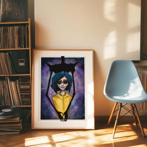 Coraline watercolor painting in purple, blue and yellow with the Other Mother holding Coraline from behind art print in a tall frame leaning against the wall