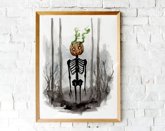 Pumpkin Skeleton Print, Watercolor and Ink, Halloween Art, Gothic Aesthetic, Spooky Artwork