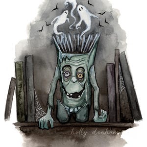 May include: A watercolor illustration of a green, monster-like creature with mismatched eyes and a wide grin, sitting between dark books. Three white ghosts float above its head, surrounded by small black bats. The text holly denham is visible.