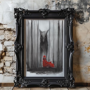 May include: A black framed watercolor painting of a wolf and a girl in a red hooded cloak in a dark forest.