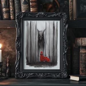 Red Riding Hood Print, Fairy Tale Artwork, Dark Stories, Watercolor Painting, Dark Art Prints, Big Bad Wolf