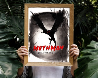 Mothman Art Print, Cryptid Artwork, Dark Illustration, Spooky Horror Decor, Ink Painting, Creepy Aesthetic