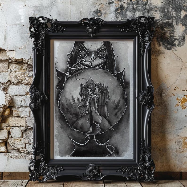 May include: Black and white illustration of a woman with button eyes and a large mouth, holding a circular frame with a smaller illustration of a girl walking towards a house in the distance.