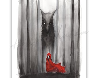 Red Riding Hood Print, Cottagecore Art, Dark Academia Watercolor, Big Bad Wolf