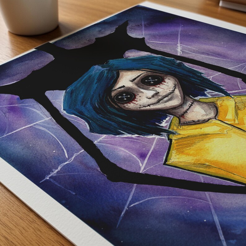 Coraline watercolor painting in purple, blue and yellow with the Other Mother holding Coraline from behind art print close up on a desktop