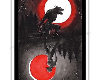 Curse of the Werewolf Art Print, Spooky Cryptozoology, Lunar Lycan, Horror Watercolor Artwork