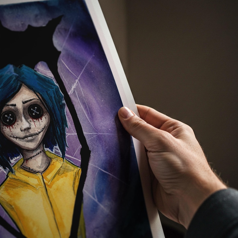 Coraline watercolor painting in purple, blue and yellow with the Other Mother holding Coraline from behind art print close up being held