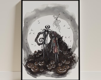 Jack and Sally Print, Gothic Romance, Halloween Art, Nightmare Before Fan Artwork