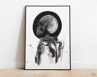 Moon Man Ink Print, Illustration, Art Print, Skeleton Decor, Space Inspiration, Wall Artwork