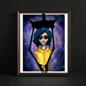 Coraline watercolor painting in purple, blue and yellow with the Other Mother holding Coraline from behind art print in a frame with a dark background