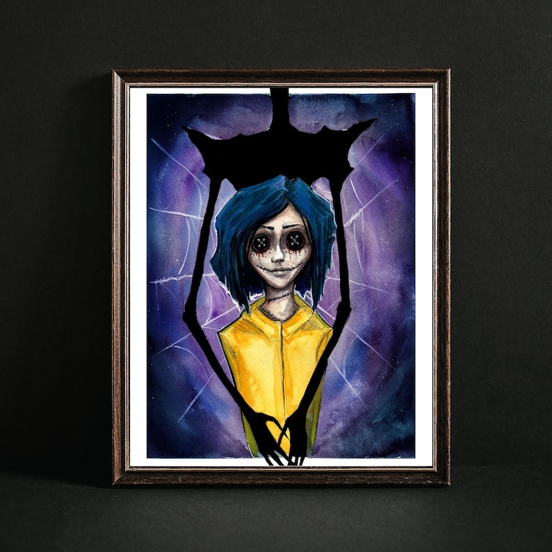 Coraline watercolor painting in purple, blue and yellow with the Other Mother holding Coraline from behind art print in a frame with a dark background
