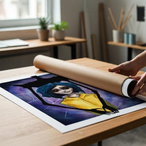 Coraline watercolor painting in purple, blue and yellow with the Other Mother holding Coraline from behind art print with a mailing tube