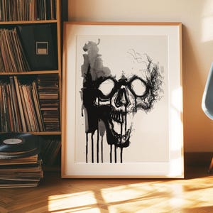 Black Ink Skull Print, Dark Aesthetic, Gothic Wall Art, Skeleton Artwork, Spooky Painting