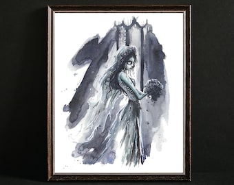 Corpse Bride Druck, Emily Gothic Kunst, Gruselfilme, Tim Burton Drucke, Aquarellmalerei