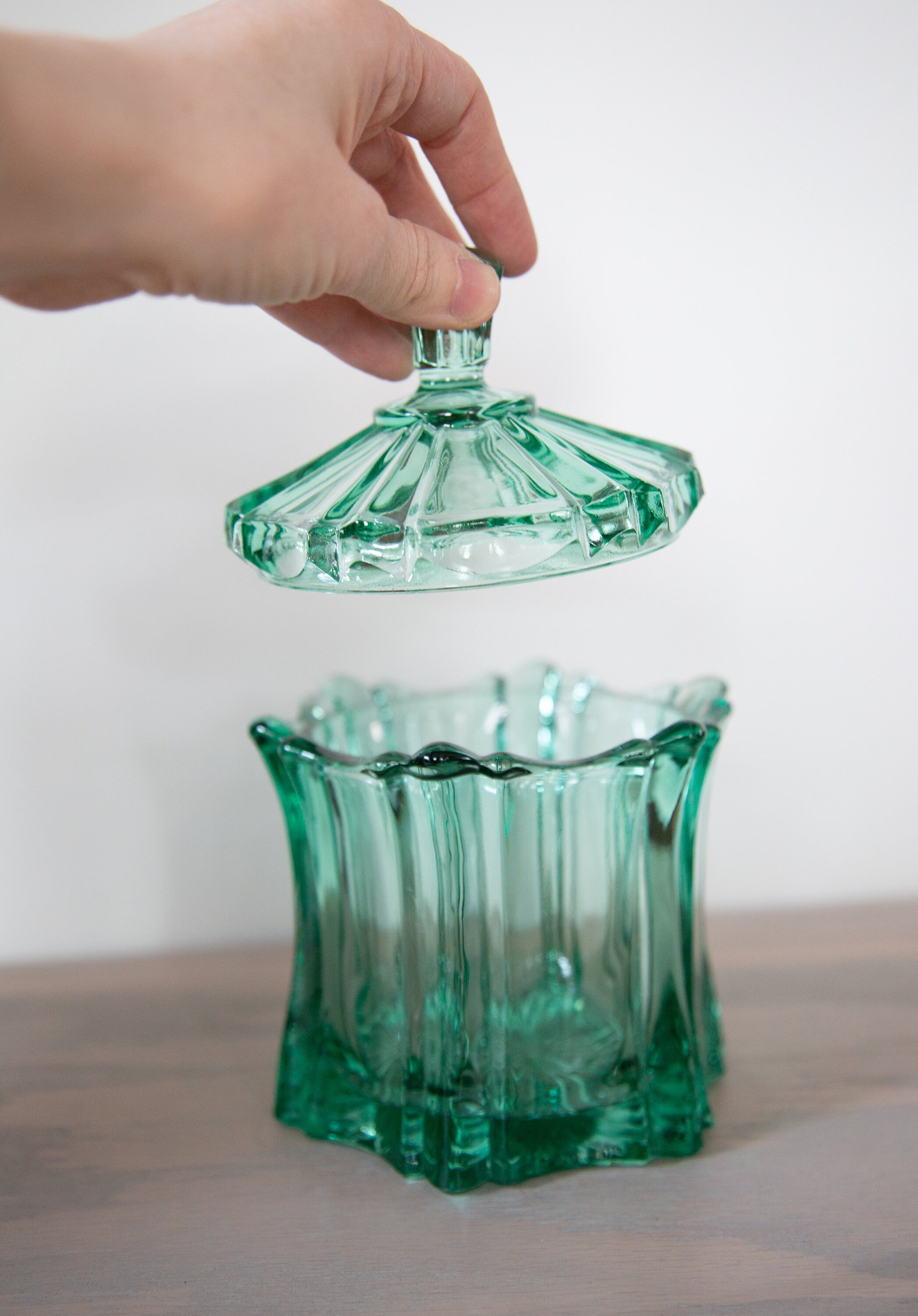 Fenton Pressed Glass Candy Jar with Lid - Vintage Candy Jar - Green