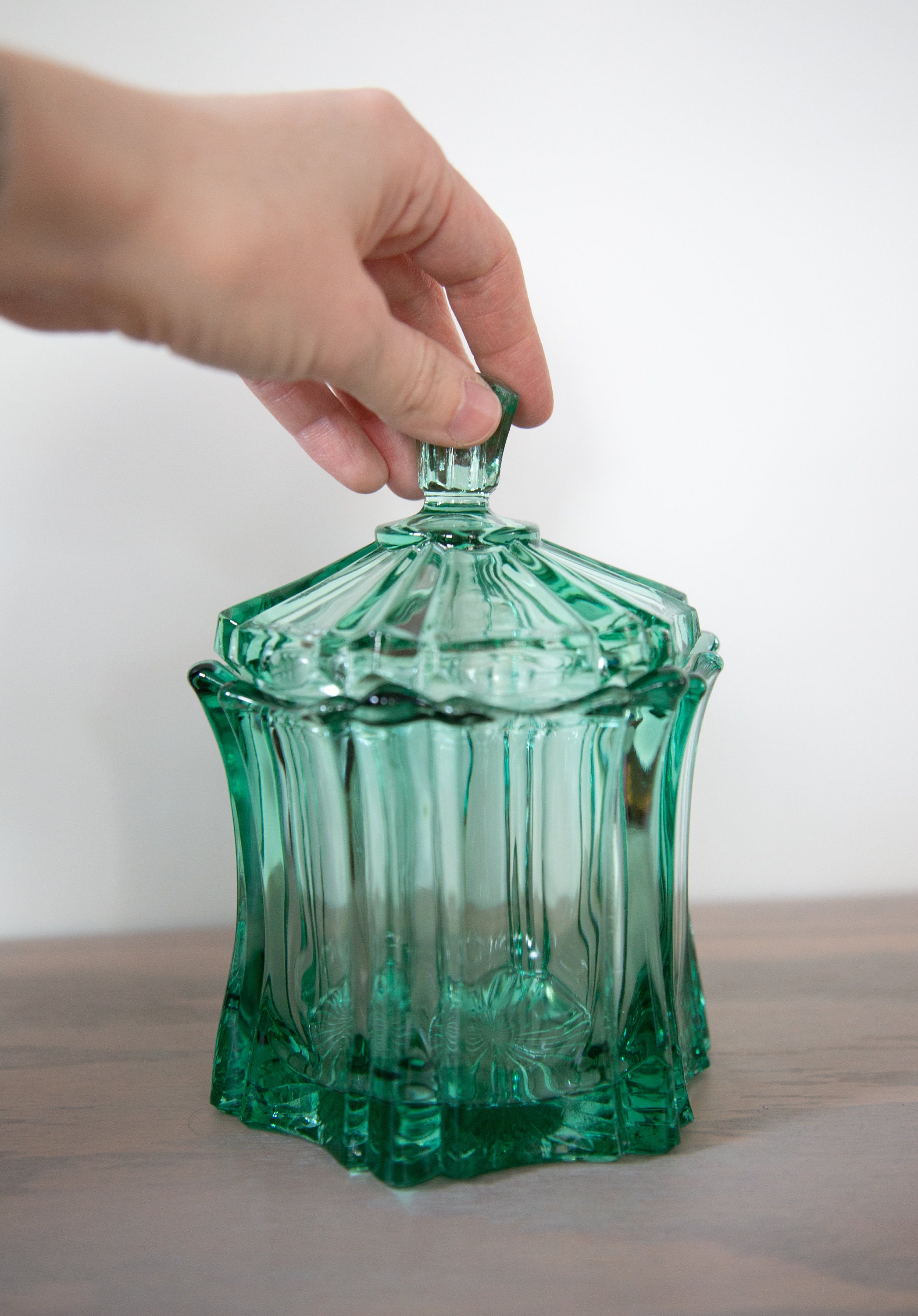 Fenton Pressed Glass Candy Jar with Lid - Vintage Candy Jar - Green