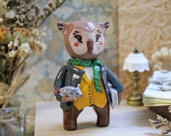 Owl with Mouse friend, clay figurine, literary gift, library decor, book lovers, writer gift