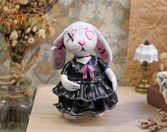 Gothic Bunny Figurine, Polymer Clay Dark Decor, Spooky Desk Pet