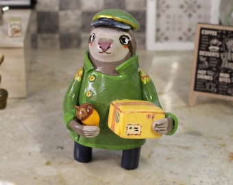 Sloth courier, clay figurine, storybook desk decor, gift for a postal worker, courier, miniature animals