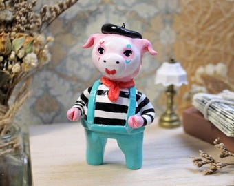 Mime Pig clay figurine, circus decor, artist gift, French style pig, desk pet
