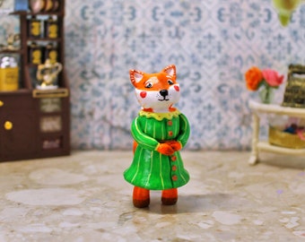 Fox in a dress - Figurine, retro outfit , miniature fox, fairytale fox figurine, decor for children's room, forest animal, cartoon style