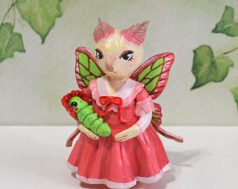 Butterfly Mom and Baby Caterpillar, clay figurine, forest fairy decor, desk pet, animal miniature